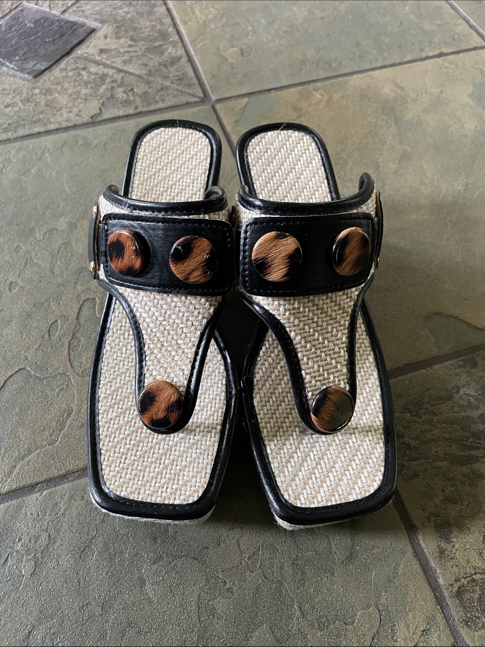 Woven Cream and Black Thong Sandals with Leopard Accent